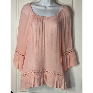 New Directions Pink Semi Sheer Bell Sleeve Peasant Boho Cottage Tunic XL